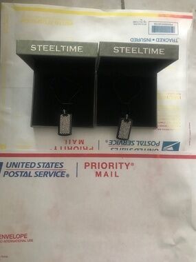 2 Lot Men’s Rare Steeltime 24” Stainless Steel Simulated diamonds dogtag Pendant